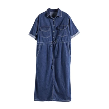 2023 Yeni Kadın Yaz Kısa Kollu Yaka Düğmesi Midi Uzun Denim Gömlek Elbise Kravat Bel Düz Renk Rahat Gevşek Düz Jean