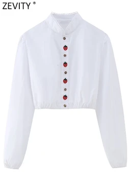 Zevity Kadın Moda Dantel Standı Yaka Çilek Düğme Önlük Bluz Kadın Beyaz Kısa Gömlek Şık Chemise Blusas Tops LS3245