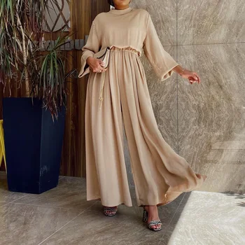 Ramazan Saten Abaya Dubai Müslüman Setleri Eşleşen Takım Elbise Tulum Elbise Türkiye Hint İslam Giyim Yaz Afrika Elbiseler Kadınlar için