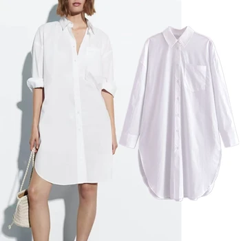 Solmuş 2023 Yaz Yeni Bayanlar Uzun Gömlek Kadın Beyaz Poplin Gevşek Elbise Kadın