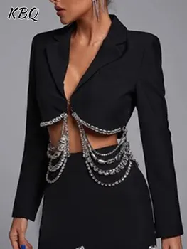 KBQ Zarif Eklenmiş Elmas Blazer Kadınlar İçin Çentikli Yaka Uzun Kollu Katı Zayıflama Lüks Mahsul Blazers Kadın Moda Yeni