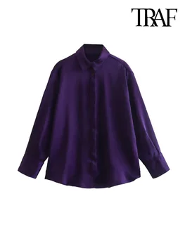 TRAF Kadın Moda Ön Düğme Saten Gömlek Vintage Yaka Yaka Uzun Kollu Kadın Bluzlar Blusas Chic Tops