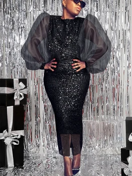 Kadın Siyah Pullu Elbiseler Kabarık Uzun Kollu Sparkly Glitter Midi Bodycon Elbise Çarpıcı Ünlü Abiye giyim 4XL