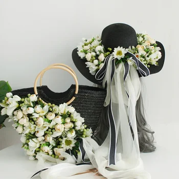 Yüksek kaliteli el yapımı çiçek çiçek hasır şapka Fransız düğün elbisesi tarzı silindir şapka bayan plaj tatil güneş hasır şapka
