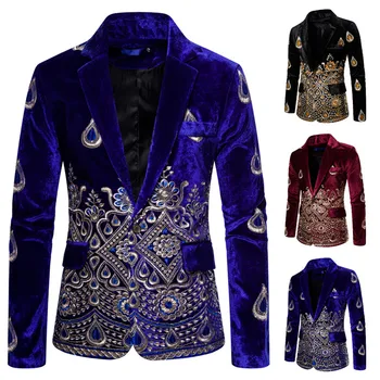 DYB & ZACQ erkek Blazer Kostüm Sahne Ceket Takım Elbise Erkek Kadife Altın İplik İşlemeli Takım Elbise Erkekler için
