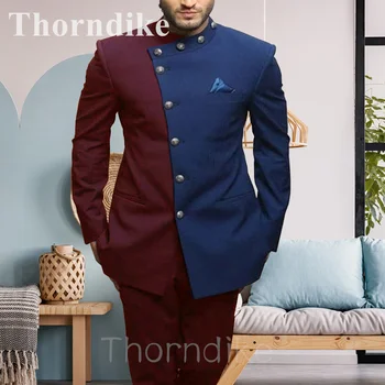 Thorndike Erkek Takım Elbise Ceket ve pantolon seti Bordo Ve Lacivert Hint Tarzı Damat Düğün Smokin Custom Made Takım Elbise Erkekler Balo Blazer