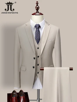 14 Renk M-6XL ( Ceket + Yelek + Pantolon ) High-end Marka Resmi iş Erkek Takım Elbise Üç parçalı Damat düğün elbisesi Düz Renk Takım Elbise