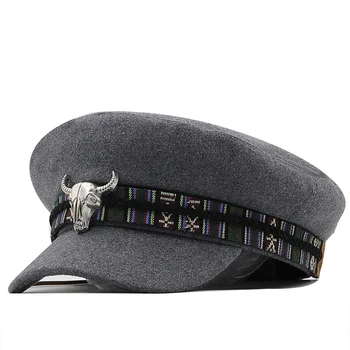 Klasik Gri Yüksek Kaliteli Askeri Şapka Kadınlar için Bahar Sonbahar Kış Şapka Keçe Kap Kış Bayanlar Siyah Şapka Yün Bere Kap