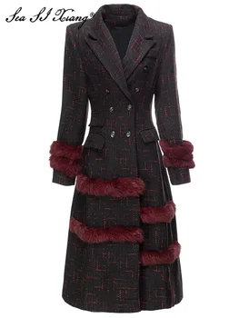 Seasıxıang Moda Tasarımcısı Sonbahar Kış Karışımları Palto Kadınlar Uzun Kollu Tüyler Cepler Kruvaze Vintage Dış Giyim