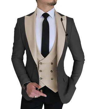 Erkek Üç Parçalı takım elbise Resmi Zarif Takım Elbise Kruvaze Yelek + Yaka Ceket + Pantolon Düğün İçin