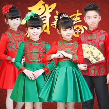 2022 Çin Yeni Yılı Geleneksel Çocuk Tang Takım Elbise Erkek Kız Elbise Nakış Çocuklar Sahne Parti Festivali Oryantal Hanfu Giyim