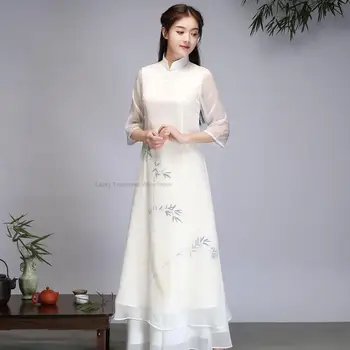 İlkbahar Ve Yaz Yeni Çin Tarzı Modifiye Cheongsam çay Elbise Zen Kadın Oryantal Çay Sanat Elbise Zarif Qipao peri elbisesi