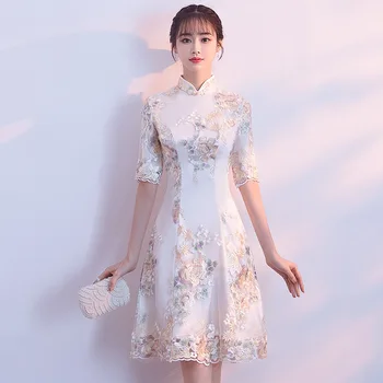 Geleneksel Çin Giyim A-Line Vintage Elbise Geliştirilmiş Mandarin Yaka Cheongsam Qipao Çiçek Nakış Elbise
