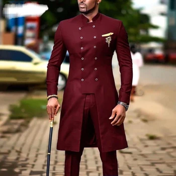 Bordo Uzun Ceket Pantolon Tasarım Popüler Takım Elbise Erkekler İçin İki Adet Afrika Tarzı Custom Made Düğün Blazer Seti Kostüm Homme