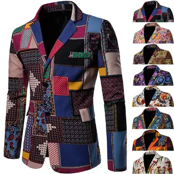 Şık Sonbahar Erkek Blazer Afrika Özellikleri Etnik Tarzı Baskı Tek Göğüslü İnce Yaka Takım Elbise Ceket Erkek Streetwear