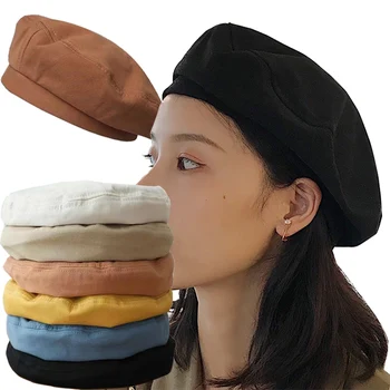 Pamuk Kadın Bere Kış Şapka Vintage Fransız Ekose Üst Askeri Kap Ressam Şapka 2021 Sonbahar Sokak Kızlar Sekizgen Bere Kapaklar