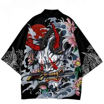 Japon Geleneksel Şeytan Baskı Kimono Cosplay Samurai Haori Obi Kadın Erkek Hırka Plaj Yukata asya kıyafetleri jimbei kimono