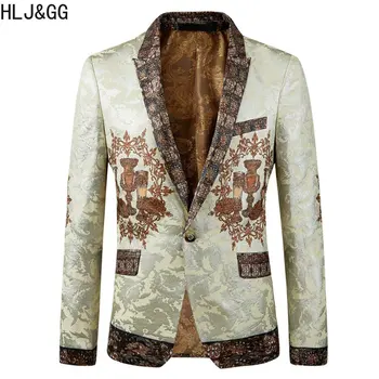 HLJ ve GG erkek moda Slim Fit jakarlı örgü takım elbise ceket yüksek kaliteli Tek Göğüslü Renk bloğu yaka Blazer adam İçin 2023 Yeni