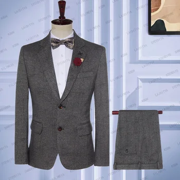 2023 Yeni Moda Butik Rahat İş Erkek Takım Elbise Koyu Gri Ekose Damat Düğün Erkekler Resmi Sosyal 2 Adet Set (ceket + Pantolon )