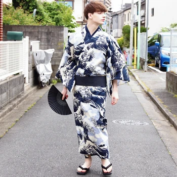 Erkek Geleneksel Kimono Samurai Seti Yaz Festivali Yukata Ukiyo-e Dalgalar Japon Tarzı Hiçbir solma Kırışıklık Yok Bir Boyut 5 ADET