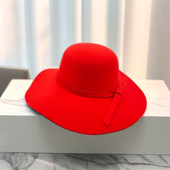 2023 Yeni Fedora şapka Fedora Yeni kadın kıvrılmış ağız yay renkli dokulu şapka erkek büyük ağız parti şapka fedora şapka erkekler