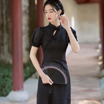Yaz Kadın Geliştirilmiş Mandarin Yaka Cheongsam Geleneksel Siyah Ince Kısa Qipao Çin Elbiseler