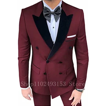 2023 Son Erkek Takım Elbise Blazer Pantolon Tasarımları Slim Fit Tepe Yaka Kruvaze 2 Parça Groomsmen Düğün Smokin Kostüm Homme