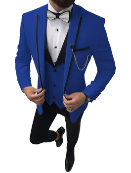 JELTONEWİN 3 Parça Kraliyet Mavi Erkek Resmi Parti Elbise erkek Sağdıç Butik Damat düğün elbisesi Takım Elbise (Ceket + Yelek + Pantolon)