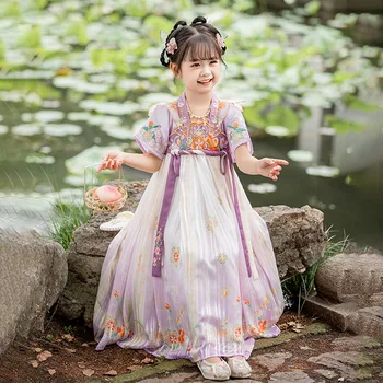 Antik Çocuklar Geleneksel Mor Çiçek Nakış Elbiseler Çin Kıyafet Kız Kostüm Halk Dans Performansı Hanfu