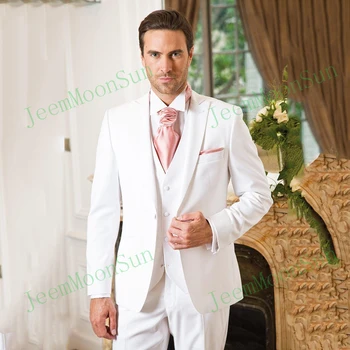 Özel Beyaz Düğün Smokin Slim Fit Erkek Takım Elbise Bir Düğme Damat Giyim Üç Adet resmi kıyafet(Ceket + Pantolon + Yelek)Kostüm Homme