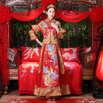 Lüks antik Kraliyet Kırmızı nakış Çin gelin düğün elbisesi Qipao Çince geleneksel Elbise Kadın Oryantal Qi Pao