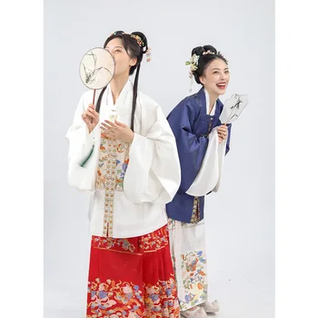 YouChun Orijinal Ming Hanedanı Hanfu Elbise Kadınlar İçin Sevimli Saten Kedi İşlemeli Kare Boyun Yarım Kollu Üstleri ve At Yüz Etek