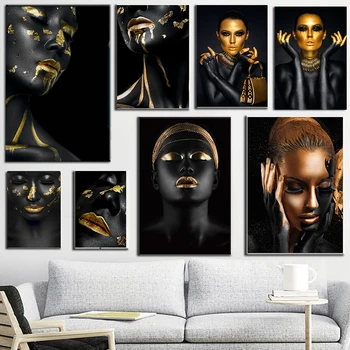 Güzel Siyah ve Altın Kadın Tuval Boyama Moda Afrika sanat posterleri Cuadros Baskı Duvar Sanatı Oturma Odası Ev Dekorasyon İçin