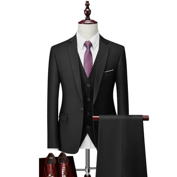 Erkek Takım Elbise Seti 3 parça High End Özelleştirilmiş İş Düğün Seti Slim Fit Artı Boyutu Bir Düğme Takım Elbise (Ceket + Yelek + Pantolon)