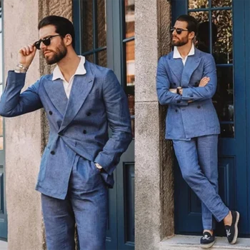 Yaz Yeni Varış Keten Erkek Takım Elbise Mavi Tepe Yaka İnce Erkek Blazer Moda Düz Renk Kruvaze Casual Slim Fit Takım Elbise