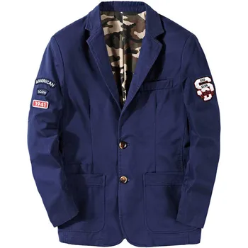 Ilkbahar Sonbahar Erkek Takım Elbise Rahat Blazer Askeri Tarzı Pamuklu Kot Takım Elbise Ceket Gevşek Baggy 2 Düğme Takım Elbise Blazer Artı Boyutu M-4XL