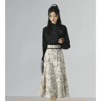 2 Adet Orijinal Han Elemanları Geliştirilmiş Modern Hanfu Elbise Seti Siyah Göğüslü Gömlek Baskılı Etek Çin Tarzı Kadın Günlük Kostüm