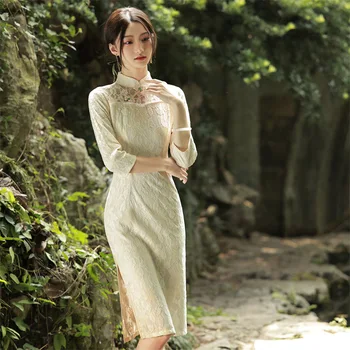 2022 Modern Çin Geleneksel Elbise Yüksek Yaka Uzun Kollu Orta Uzunlukta Cheongsam Qipao Vestidos De Mujer Kadınlar İçin Akşam