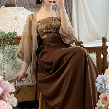 Çin Tarzı Giysiler Kimono ve cami ve etek Takım Elbise Vintage 3 ADET Hanfu Kahverengi Seksi Kapalı Omuz Cheongsam'lar Kadın Baskı Elbise Seti