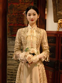 Çin Tarzı Gelin Cheongsam Geleneksel Sequins Boncuk Püsküller Qipao Oryantal Şampanya düğün elbisesi