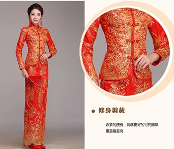 1 takım / grup Çin tarzı kadın nakış Hırka uzun cheongsam saten uzun kollu standı yaka gelin cheongsam