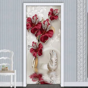 Kırmızı Çiçek Kelebek Takı 3D Kapı Çıkartmalar Ev Dekor Modern Oturma Odası yatak odası kapısı dekorasyon çıkartması duvar resmi Duvar Kağıdı