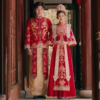 Muhteşem Altın Kırmızı XiuHe Takım Geleneksel Çin Tarzı Kadın düğün elbisesi Boncuk Rhinestone Uzun Kollu Gelin Seti