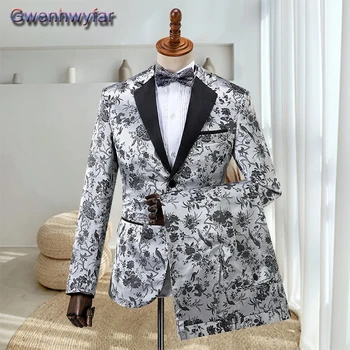 Gwenhwyfar 3 Parça Set Çiçek Baskı Takım Elbise Erkekler İçin Düğün Parti Elbise Smokin 2023 Custom Made Siyah Doruğa Yaka Blazer Pantolon