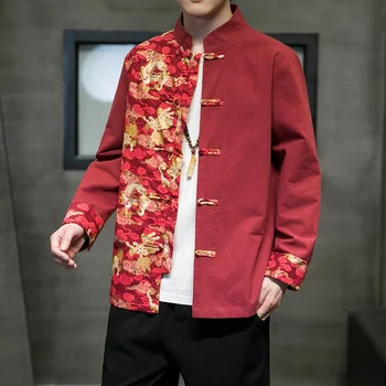Geleneksel Çin Tarzı Gömlek Baskı Hanfu Erkekler Bluz Tang Takım Elbise Erkekler Kung Fu Giysileri Üstleri Ceket Cheongsam Yeni Yıl Mont V2280