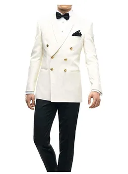 Yeni Fildişi Erkek Takım Elbise Kruvaze Blazer Düğün Takımları Terno Masculino Sigara 2 Parça Ceket Smokin Pantolon