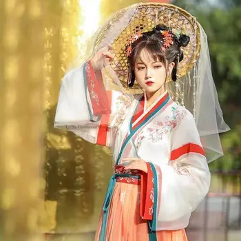 Çin Geleneksel Antik Weijin Hanedanı Kadın Çapraz Yaka Hanfu Çiçek Baskılı Peri uzun elbise Dans Hanfu Kostüm
