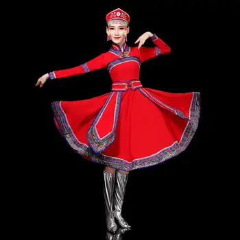 Rus halk dans kostümü Yeni kadın Parlak Kırmızı dans eteği Etnik Azınlık İçin kadın Canlı Dans Elbise