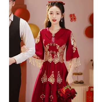 Çin Tost düğün elbisesi Bordo Xiuhe Giyim Gelin Qipao Etek Kadın 2023 Yeni Nişan Yaz Kısa Yeni Yıl Elbiseleri