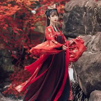 Güzellik Makyaj Yeni Geleneksel Çin Hanfu Elbise İlkbahar ve Sonbahar Modelleri İki parçalı Tam Göğüs Peri Etek Kırmızı Cosplay Kostüm